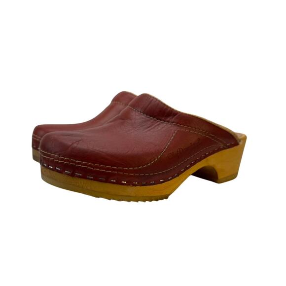 Olaf Daughters Vintage 70s Rusty Brown Leather Swedish Wooden Clogs Size 37 - Picture 1 of 9